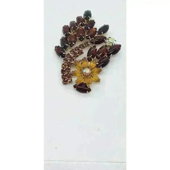 Vintage Rhinestone Brooch Citrine Flower Brown Open Back AB Drama Statement - Picture 6 of 9